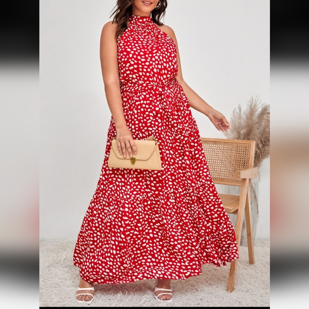 SHEIN Chic Red Halter Dress with White Pattern